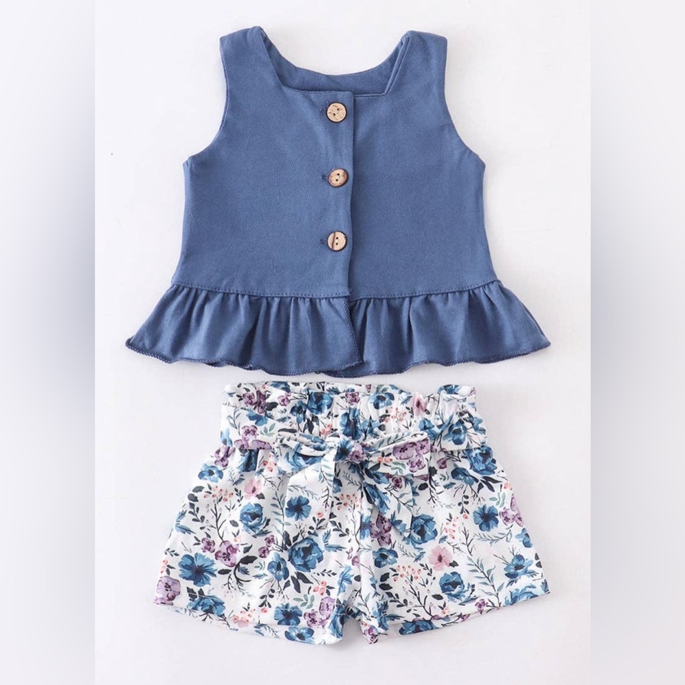 Honeydew Blue Floral Paperbag Shorts Set